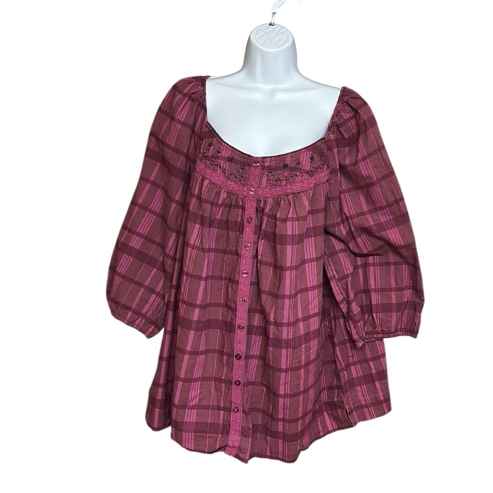 Autograph Fuchsia Pink Stripe Plaid  Babydoll Pullover Top Size 22